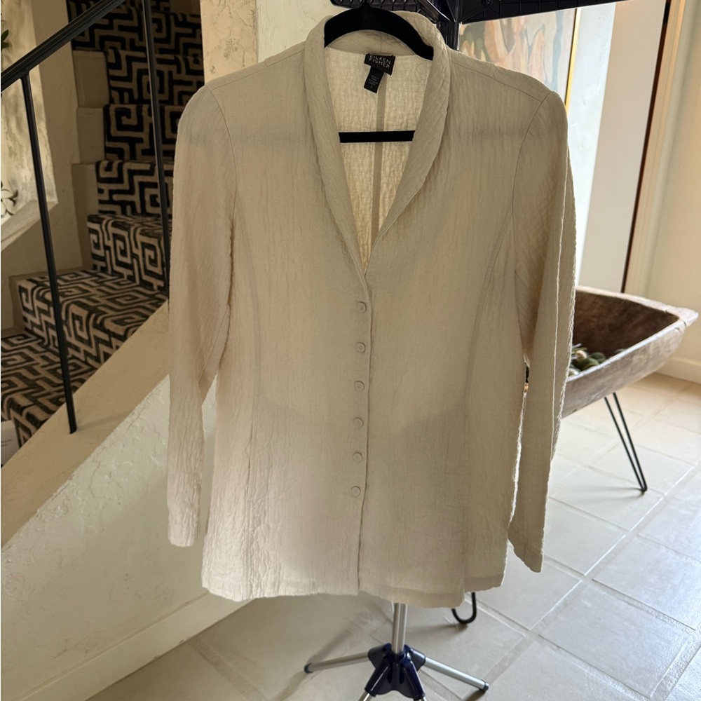 Eileen Fisher Women's Quilted Cream Button-Up Linen Cotton Light Jacket S fits M - Picture 7 of 13